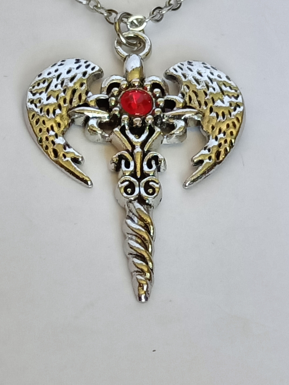 Gothic Angel Wing Pendant Necklace Red Gem - Picture 4 of 6